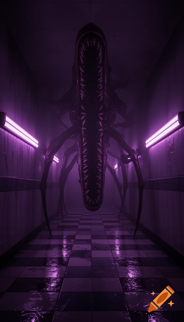 A towering, multi-legged shadow entity with a giant, toothy mouth in a purple-lit, wet, checkered corridor.