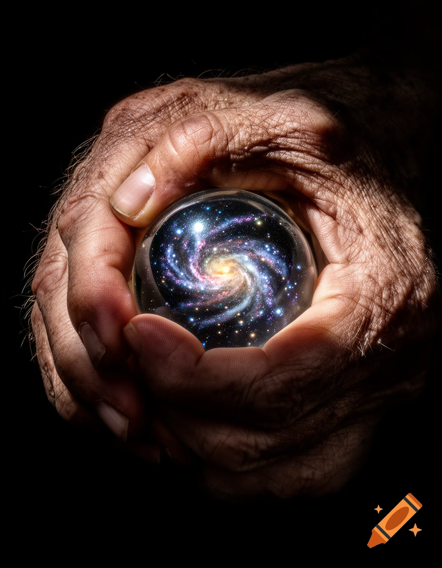 A weathered hand holds a glowing glass marble containing a swirling galaxy, dramatically lit against a dark background.