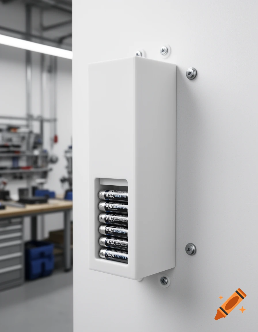Photorealistic wall-mounted white gravity-feed battery dispenser filled with AAA batteries in a blurred workshop background.