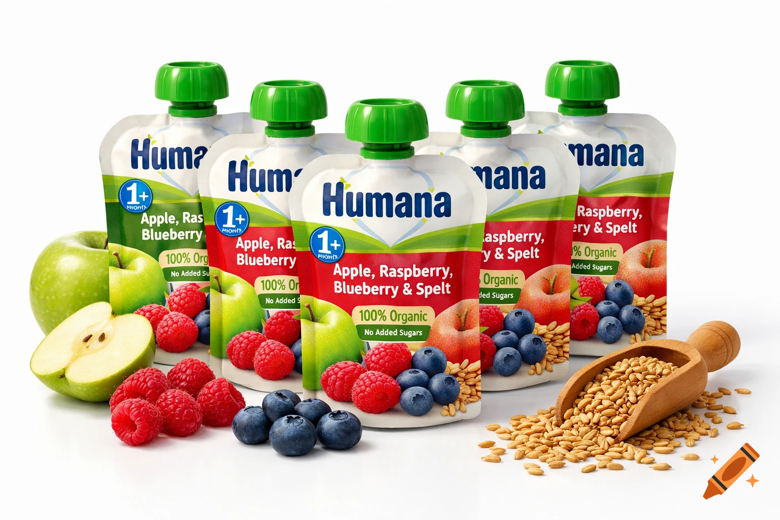 Humana baby food pouches with apples, raspberries, blueberries, and spelt grains on a white background, photorealistic style.