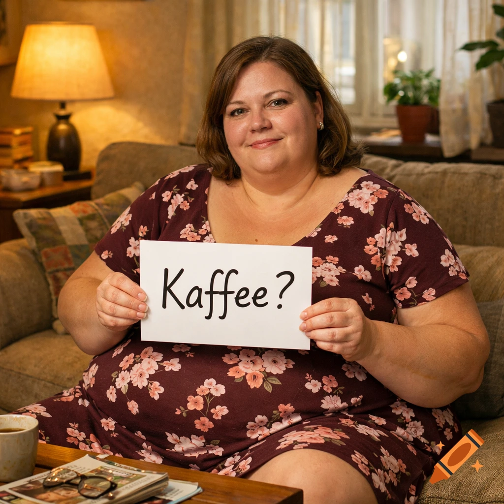 A woman sits on a couch in a living room, holding a sign that says "Kaffee?"