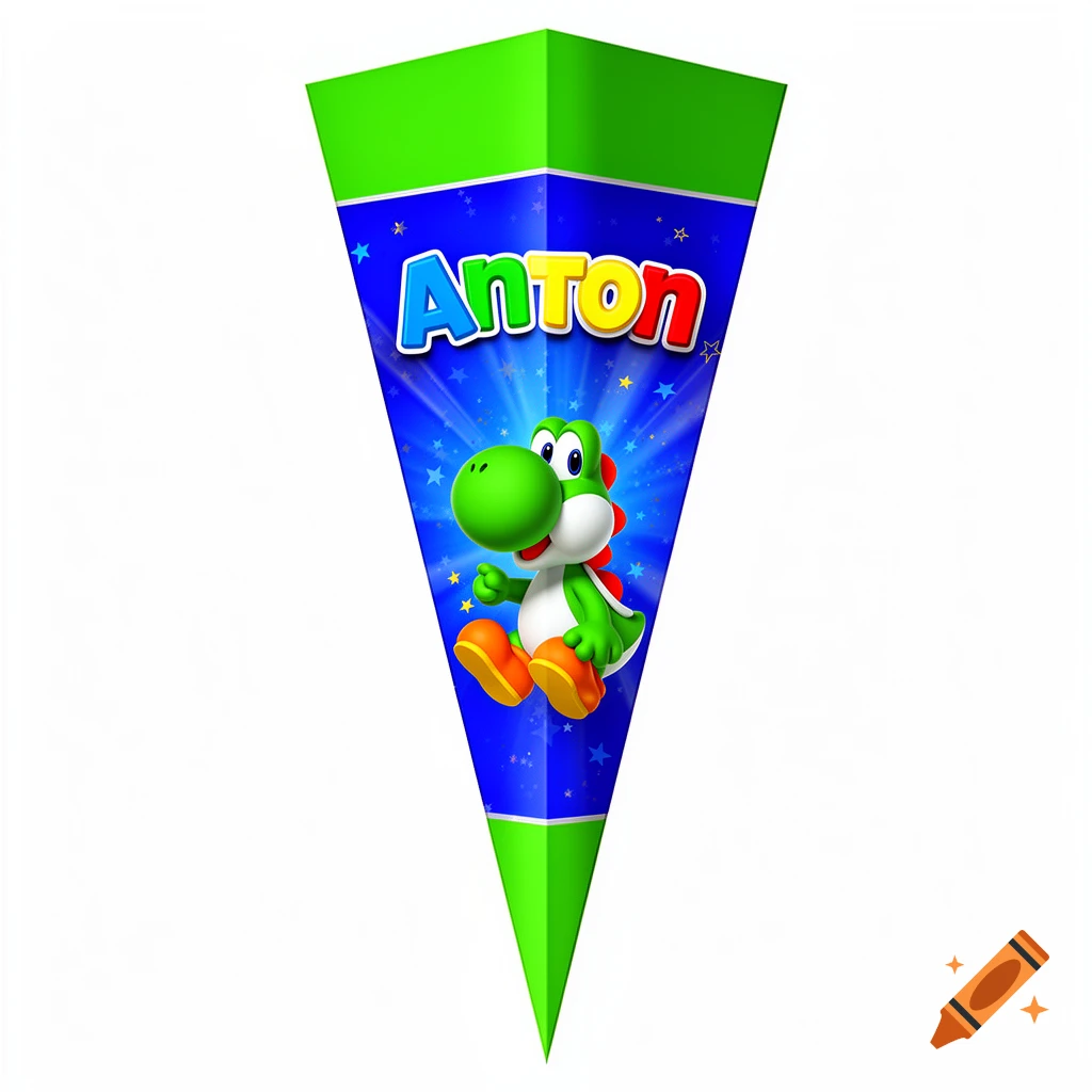 A vibrant school cone featuring Yoshi, the name 'Anton' in colorful letters on a blue star field, and green top and bottom.
