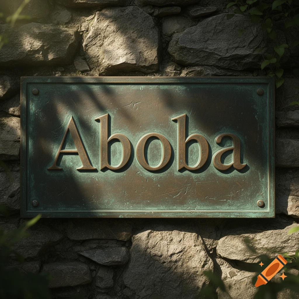 A weathered bronze plaque with the word 'Aboba' engraved, mounted on a stone wall with dappled sunlight.