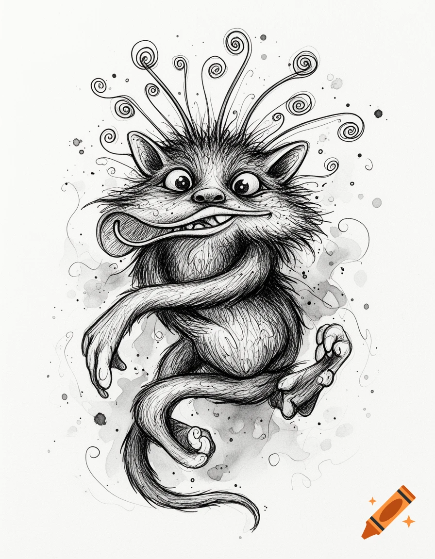 Whimsical ink drawing of a furry, cat-like creature with wide eyes, a toothy grin, and curly antennae-like hairs.