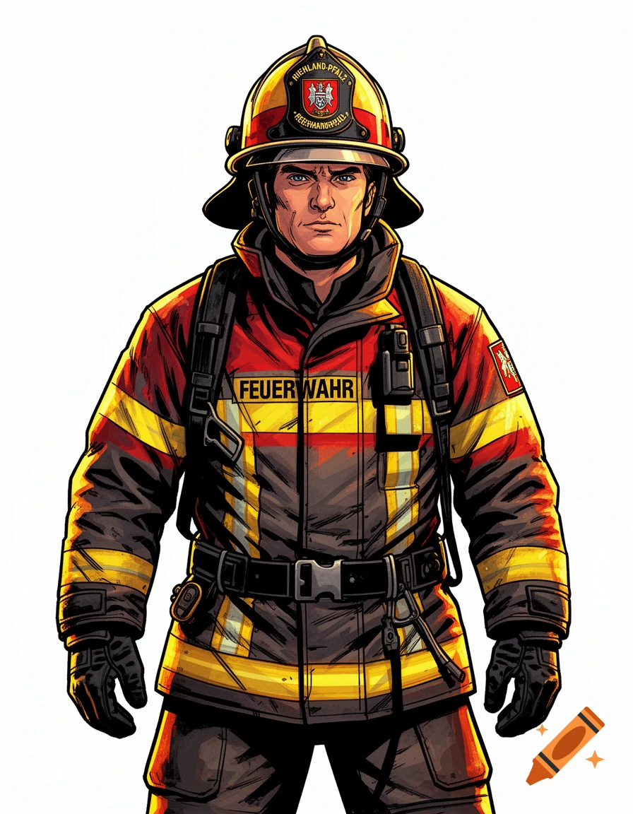 Full-body comic art illustration of a male firefighter wearing a red and yellow uniform with a helmet, standing on a white background.