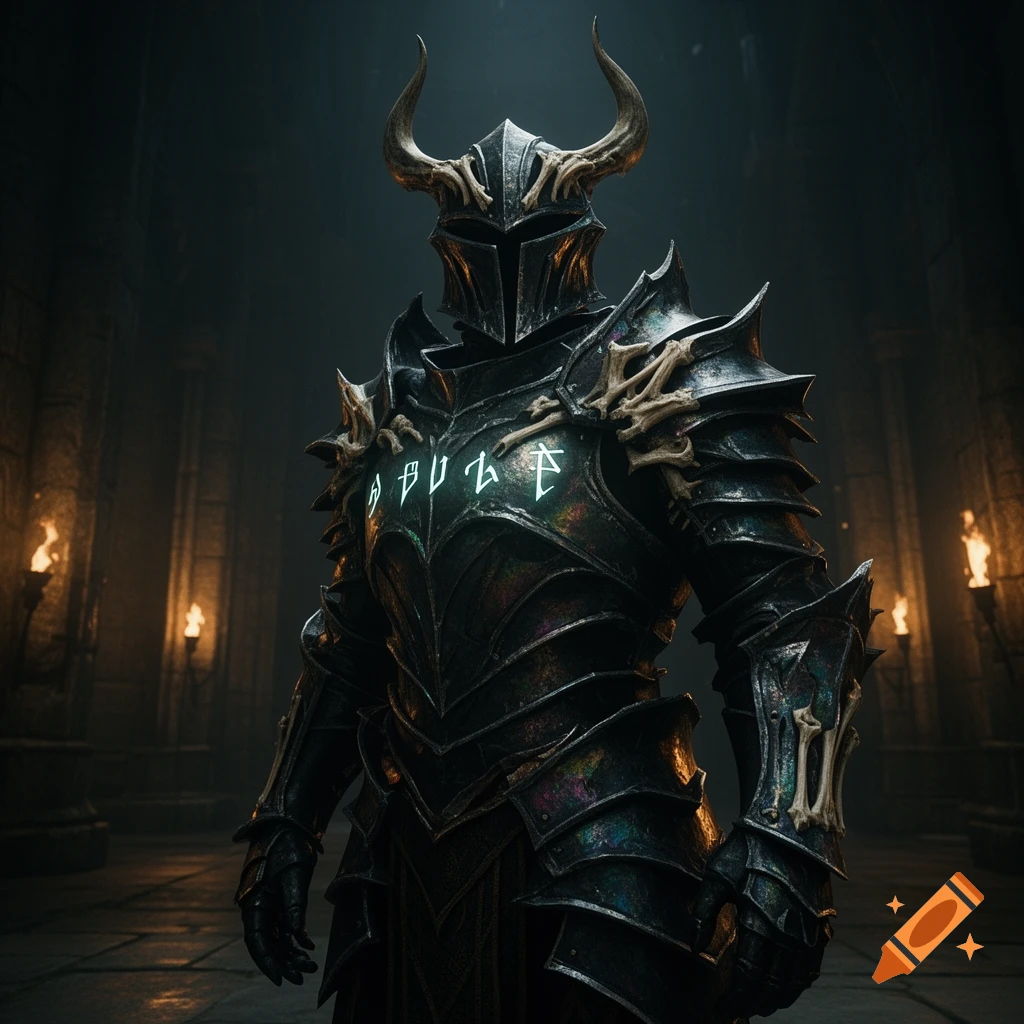 A dark fantasy knight in ornate black armor with horns and glowing runes on the chest stands in a dim, torchlit dungeon.