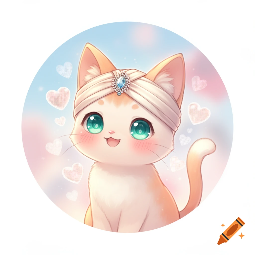 A cute, orange and white cartoon cat with big green eyes wears a white turban adorned with a blue jewel, surrounded by pink hearts.