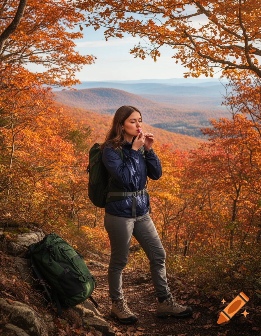 A woman hiker applies lip balm on a mountain trail amidst vibrant autumn foliage, with distant mountains in a photorealistic style.