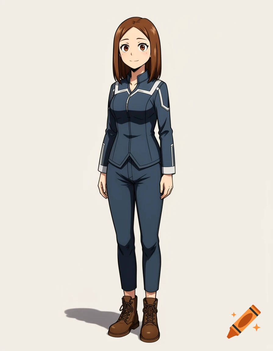 Anime-style woman with short brown hair and brown eyes, wearing a dark blue uniform with white accents and brown boots.