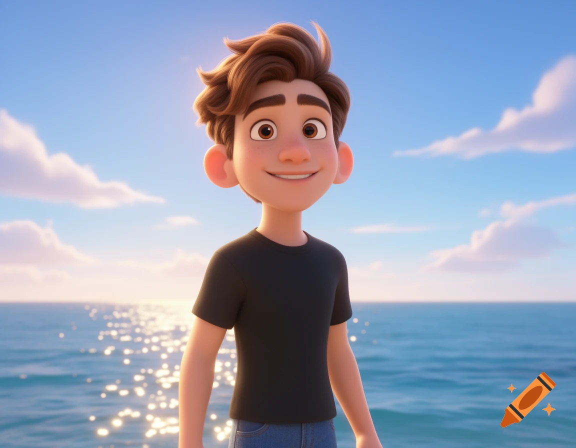 A smiling young Pixar-style 3D cartoon man with brown hair and a black t-shirt stands on a sunny beach with the ocean behind him.