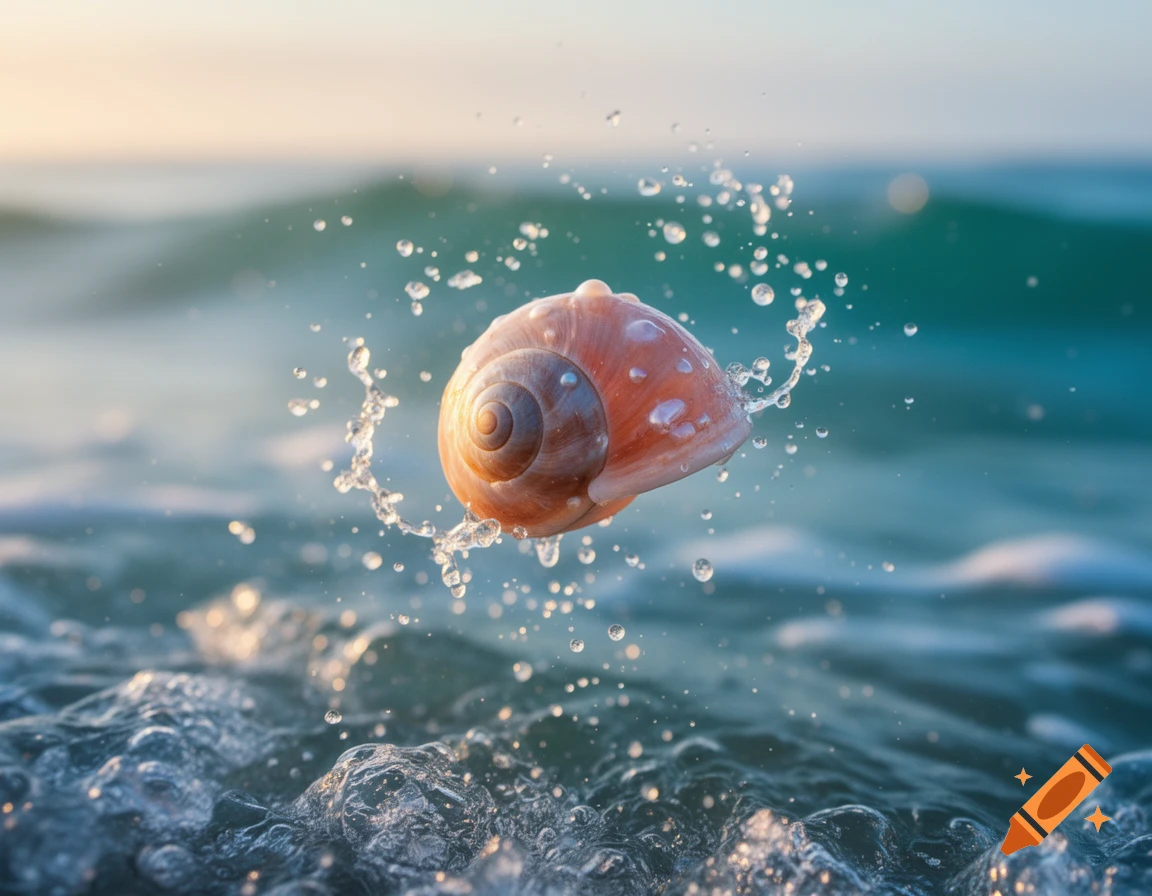 A close-up of a brown and white seashell jumping out of the water, with splashes and a blurred ocean background.