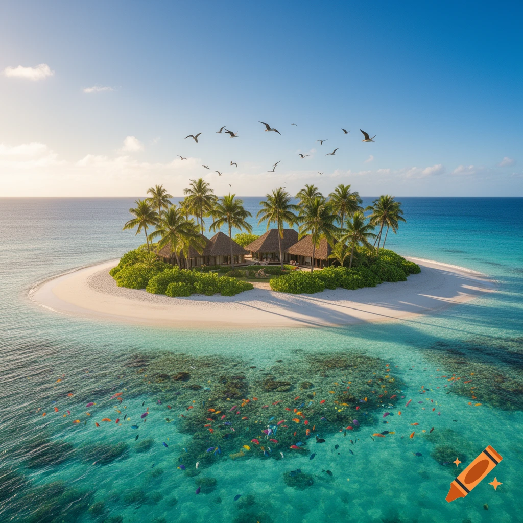 Aerial view of a perfect tropical island with bungalows, palm trees, white sand beach, and colorful fish in turquoise waters.