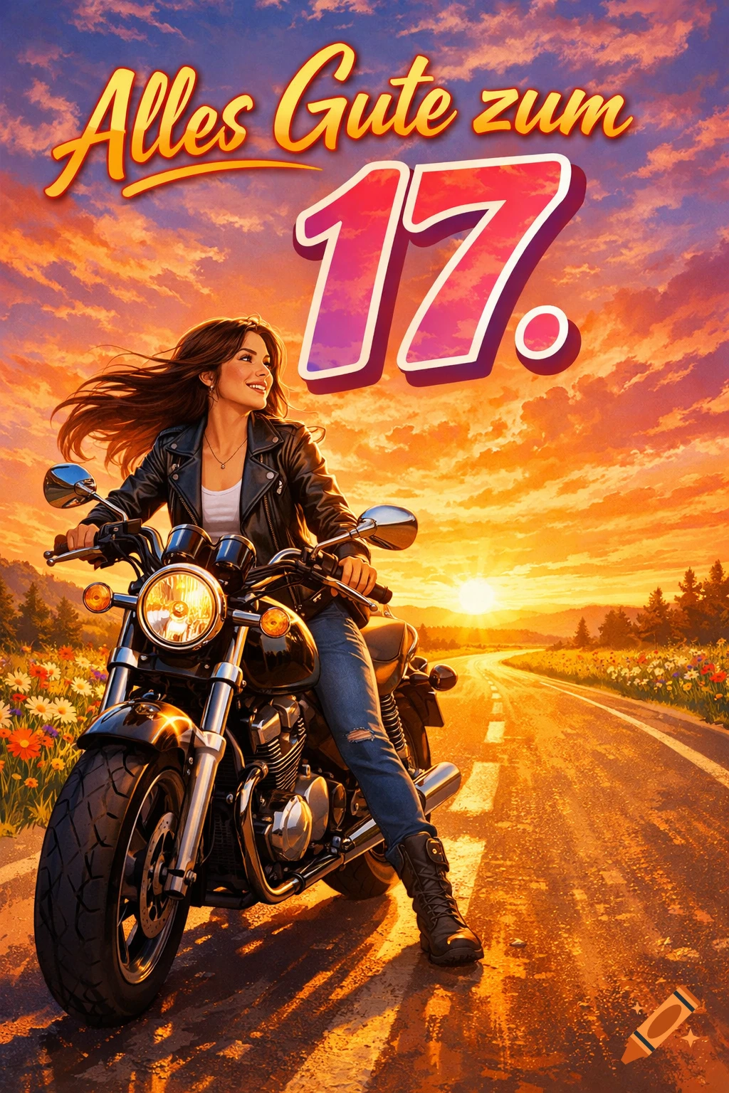 A smiling young woman in a leather jacket on a motorcycle, riding into a sunset landscape with text 'Alles Gute zum 17.'