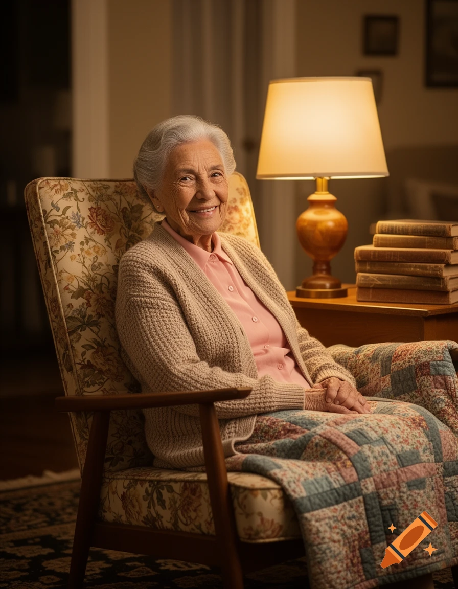 Smiling elderly woman with gray hair in a floral armchair, covered with a quilt, next to a lamp and books.