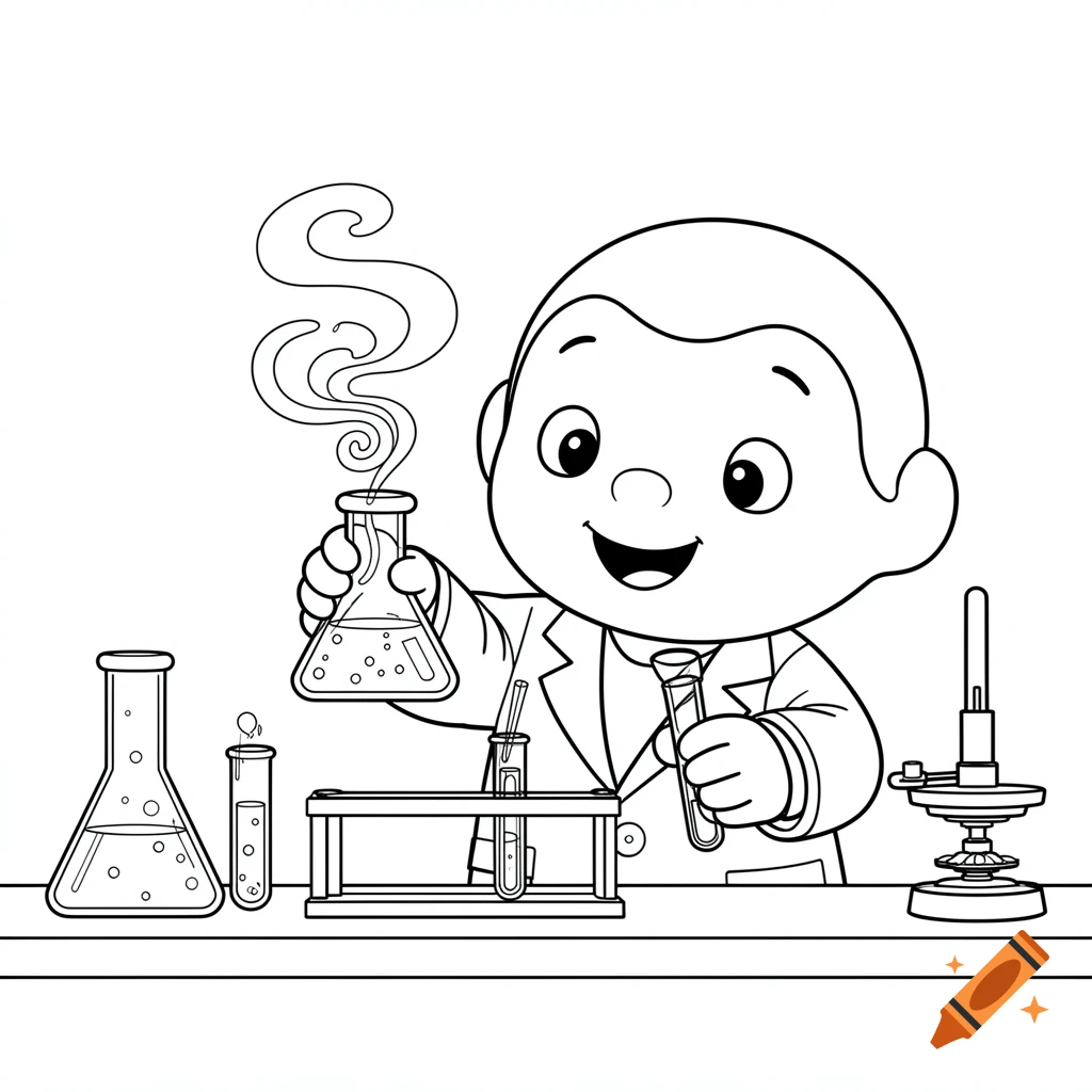 A black and white outline drawing of a cartoon child scientist holding a smoking flask and a test tube, with other lab equipment on a table.
