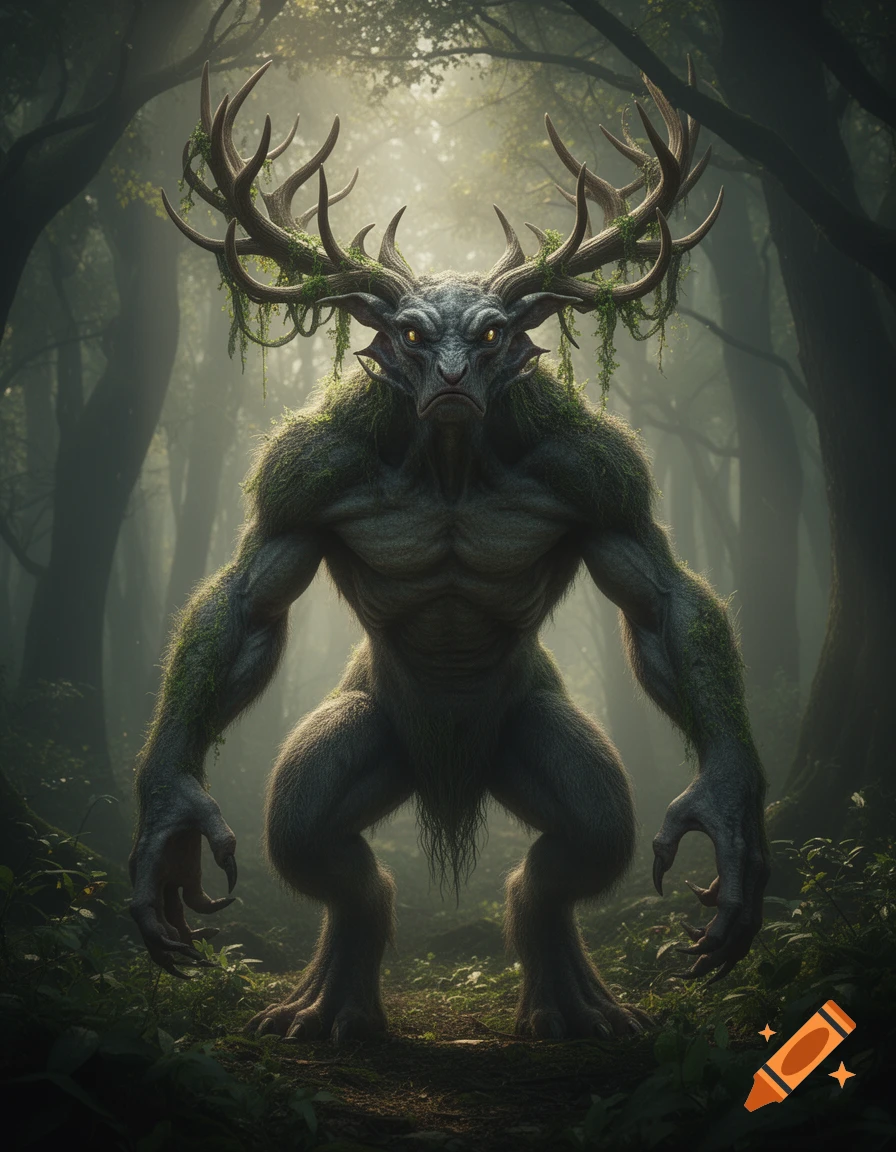 A photorealistic dark fantasy image of a horned, muscular, moss-covered Shruuf with glowing eyes standing in a dark, misty forest.