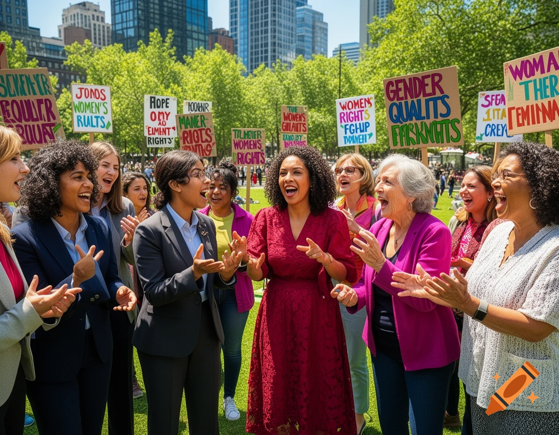 Diverse women smile and clap at an outdoor rally with protest signs and city buildings in the background.