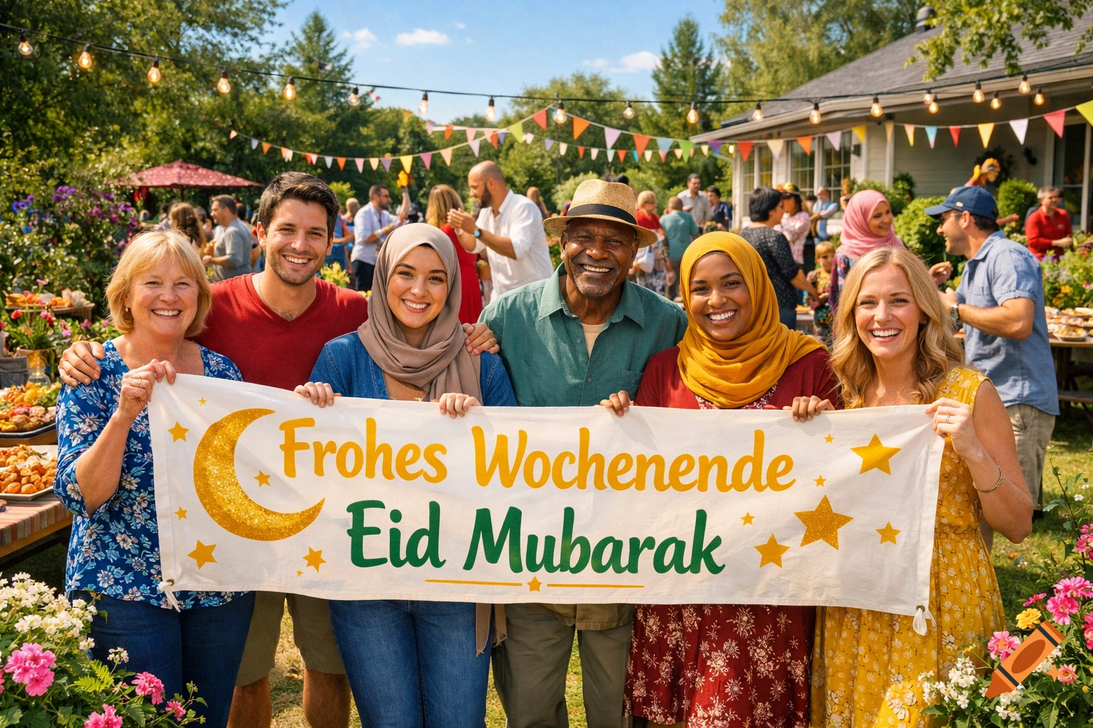 A diverse group of smiling people at an outdoor party hold a banner reading 'Frohes Wochenende Eid Mubarak'. Photorealistic.