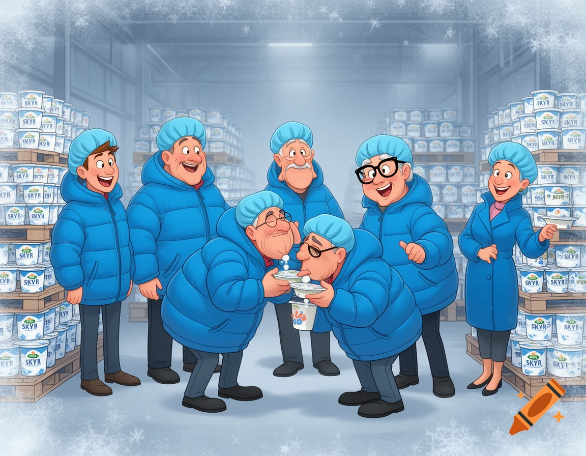 Cartoon people in blue jackets and hairnets in a cold dairy warehouse, sniffing yogurt lids near stacks of Skyr pallets.