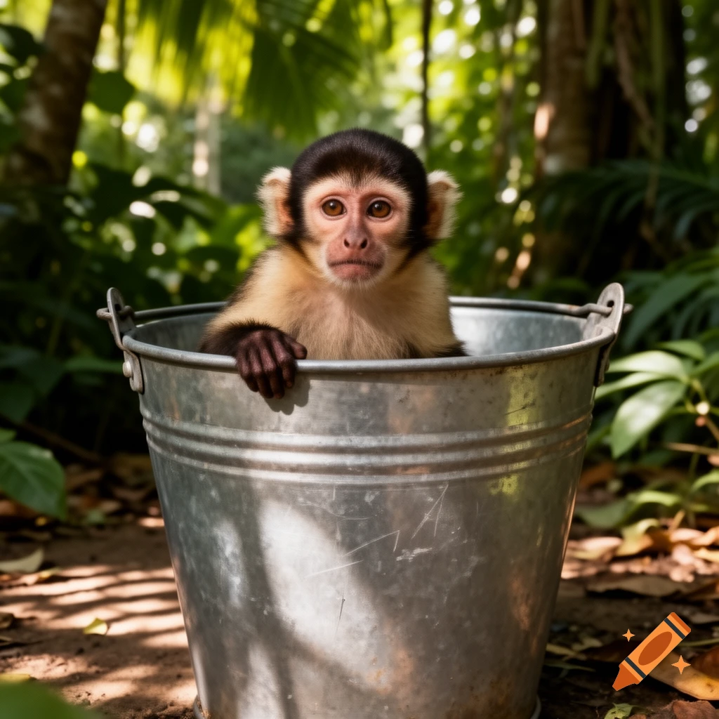 A baby monkey with dark fur on its head and lighter fur on its body peers out of a silver bucket in a lush green forest.