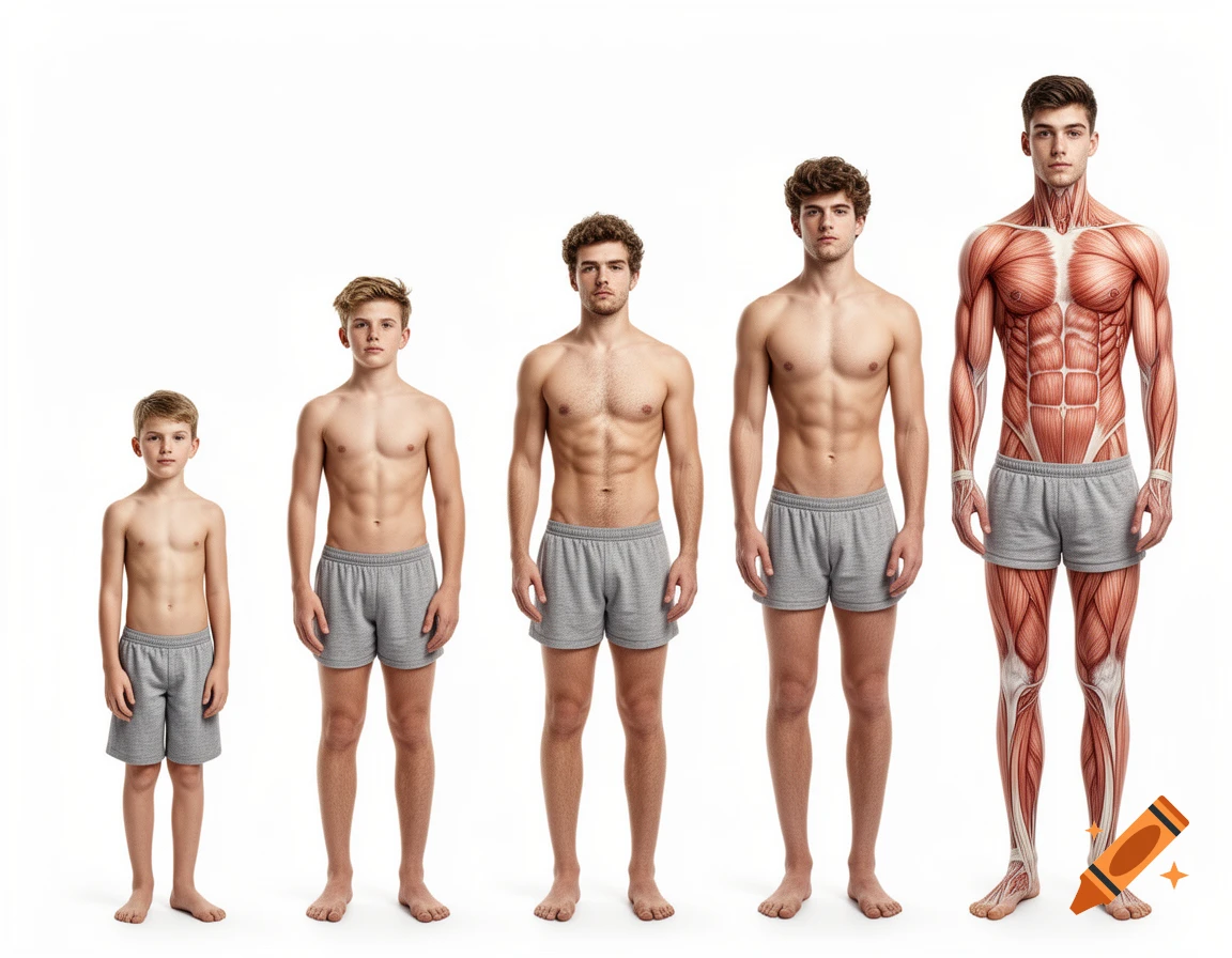 Four male figures in grey shorts, showing stages of development from boy to adult. The last figure displays a detailed anatomical muscular system.
