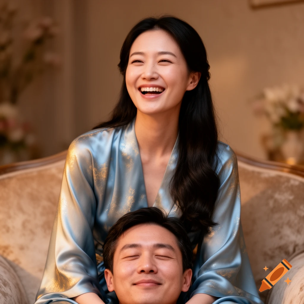 A smiling Asian woman in a blue silk robe sits with a man's head resting on her lap, both appear happy.