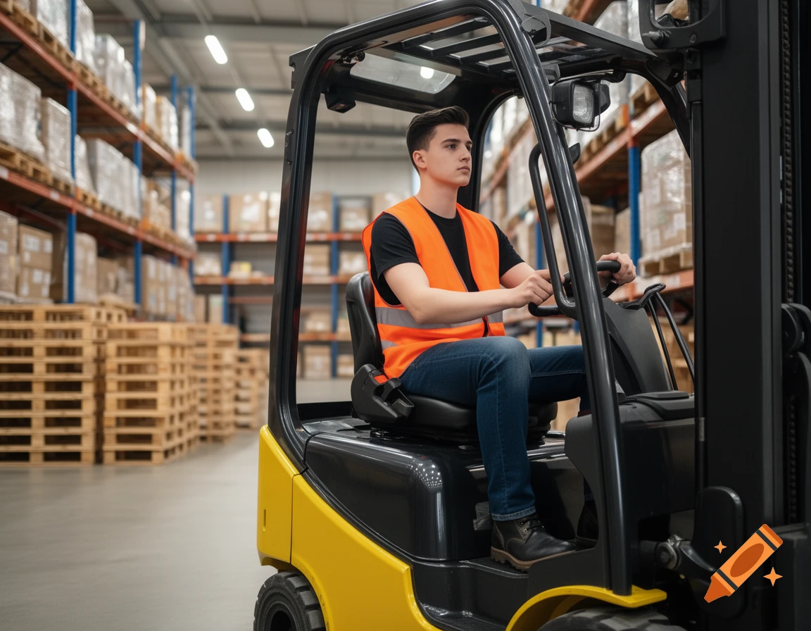 A young man in an orange safety vest and jeans sits on a yellow forklift in a warehouse filled with shelves and boxes.