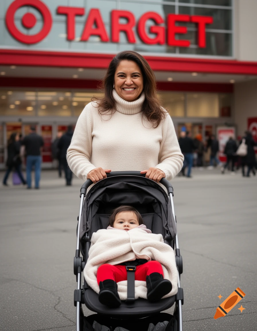 A smiling Latina mother pushes a baby in a stroller in front of a Target store.