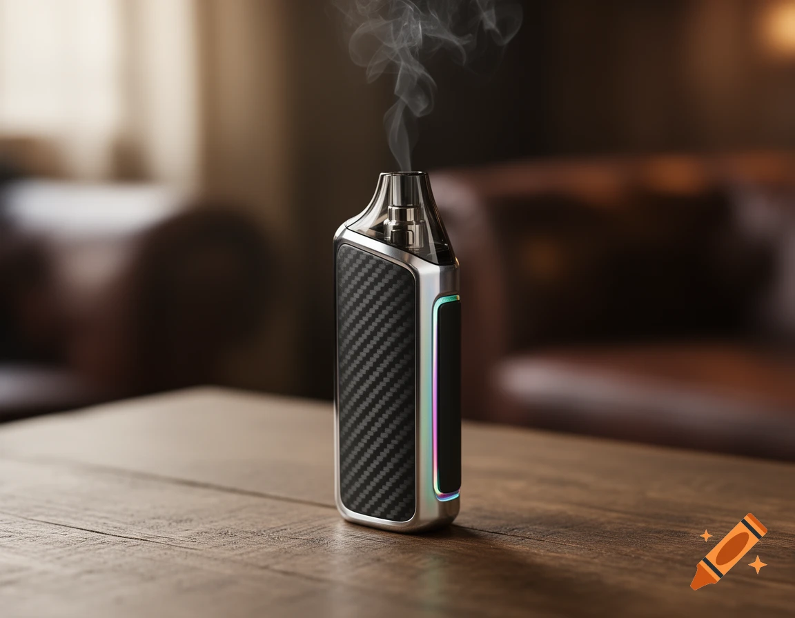 A close-up, photorealistic shot of a modern vape device with a carbon fiber texture and a colorful LED strip, emitting vapor, on a wooden table.
