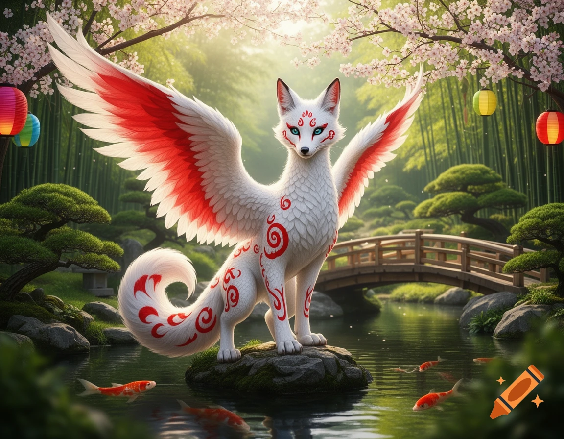 A majestic white winged Kitsune with red markings stands in a beautiful Japanese garden with a pond, bridge, and cherry blossoms.