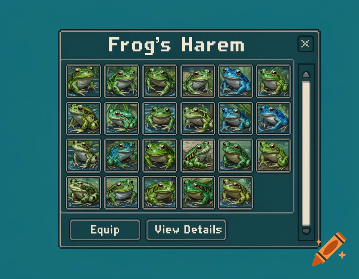 Pixel art video game inventory screen titled 'Frog's Harem' displaying rows of green and blue frogs with 'Equip' and 'View Details' buttons.