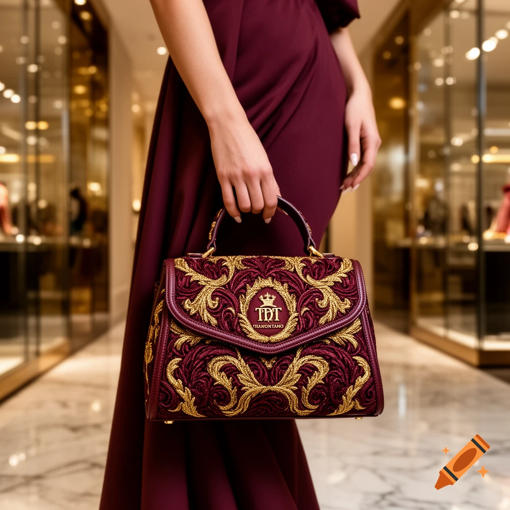 A person in a maroon dress holds a maroon and gold embroidered luxury handbag in a store.