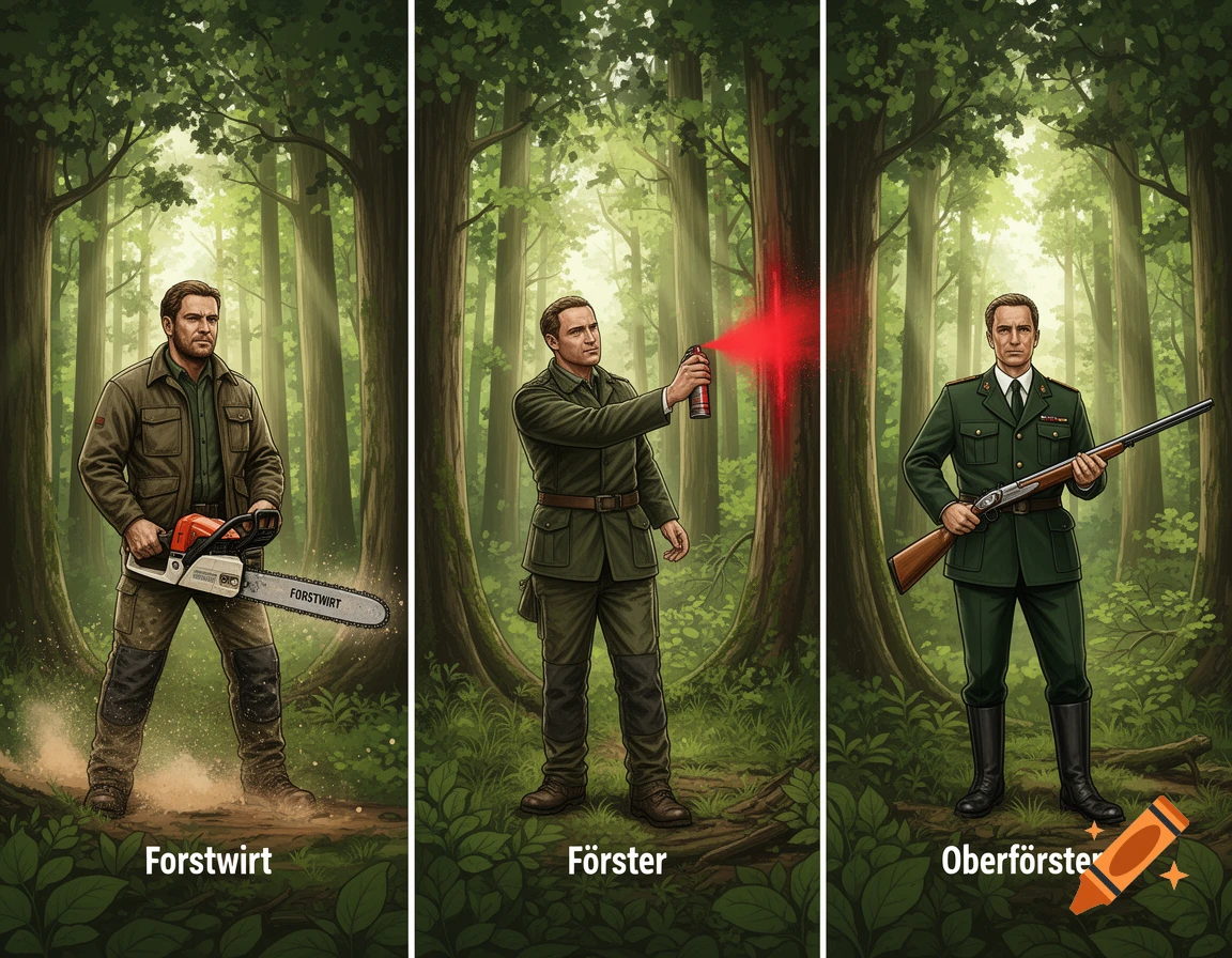A triptych illustration showing a forester with a chainsaw, a ranger with red spray paint, and a chief ranger with a rifle in a forest.