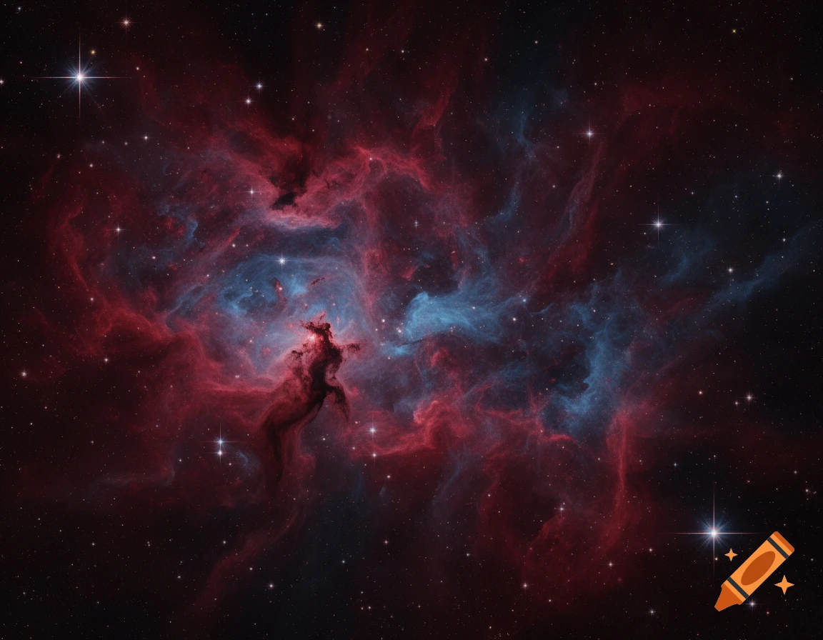 Vibrant red and blue nebula with dark clouds and bright stars featuring diffraction spikes in deep space.