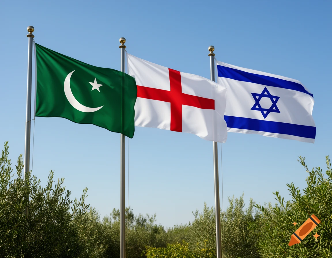 Flags of Pakistan, England, and Israel flying on poles under a clear blue sky, with green foliage below.