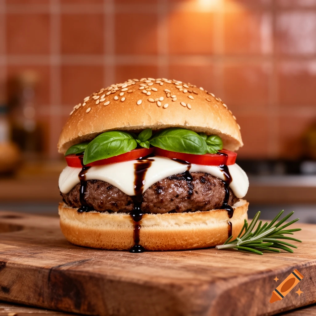 A photorealistic close-up of an Italian-style burger with mozzarella, sliced tomatoes, fresh basil, and balsamic glaze on a wooden cutting board.