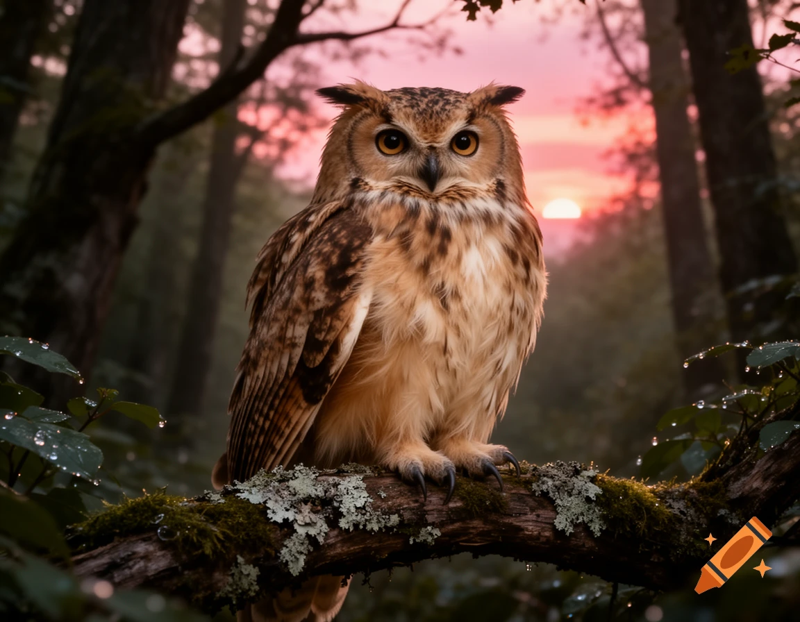 A majestic owl with amber eyes perches on a mossy branch in a dark forest at sunset, with a pink sky.