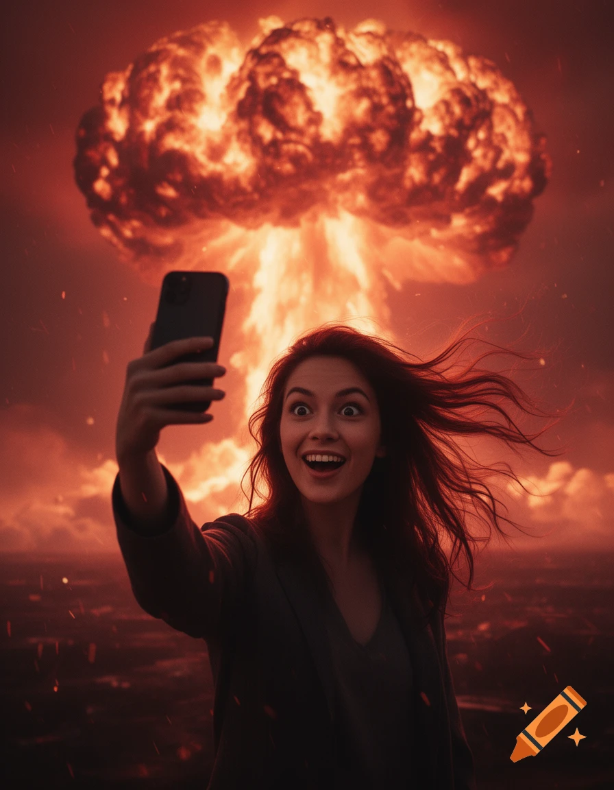 Woman takes a selfie with a surprised expression in front of a fiery mushroom cloud and red sky.