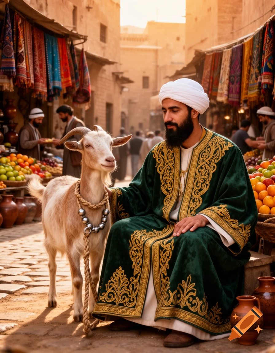 A man in a green robe and white turban pets a goat in a sunlit, bustling marketplace with fruit and textile stalls.