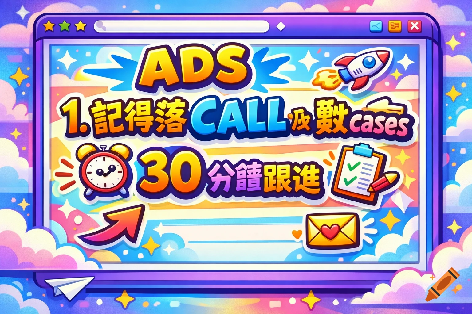 A colorful cartoon illustration of a browser window displaying text, icons, a rocket, an alarm clock, and a clipboard.