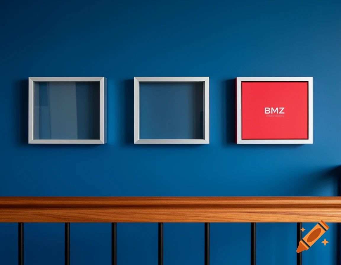 Three display cases, two empty and one red with "BMZ" branding, on a blue wall above a wooden railing. Photorealistic.