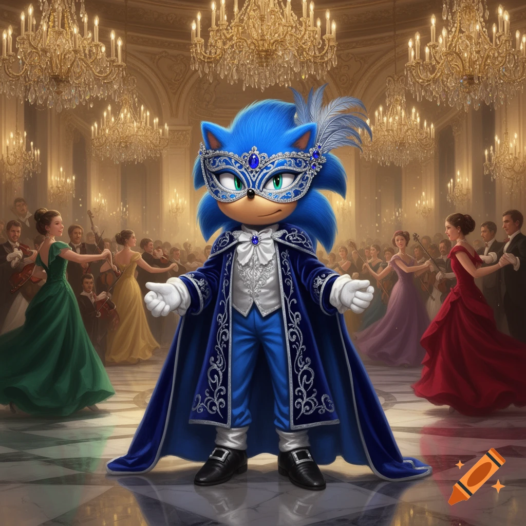 Sonic the Hedgehog in a blue and silver masquerade costume and mask stands at a grand ballroom with dancing couples.