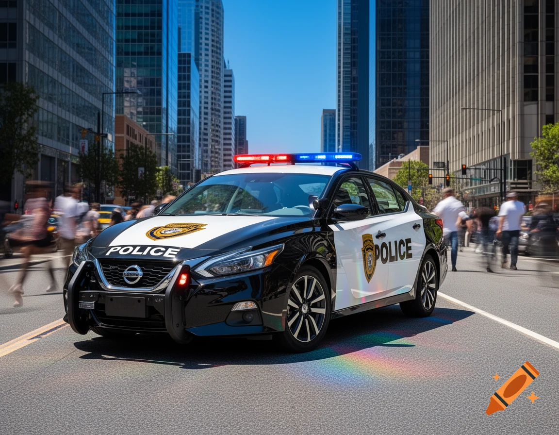 A black and white Nissan police car with red and blue lights sits on a city street, blurred pedestrians in background.
