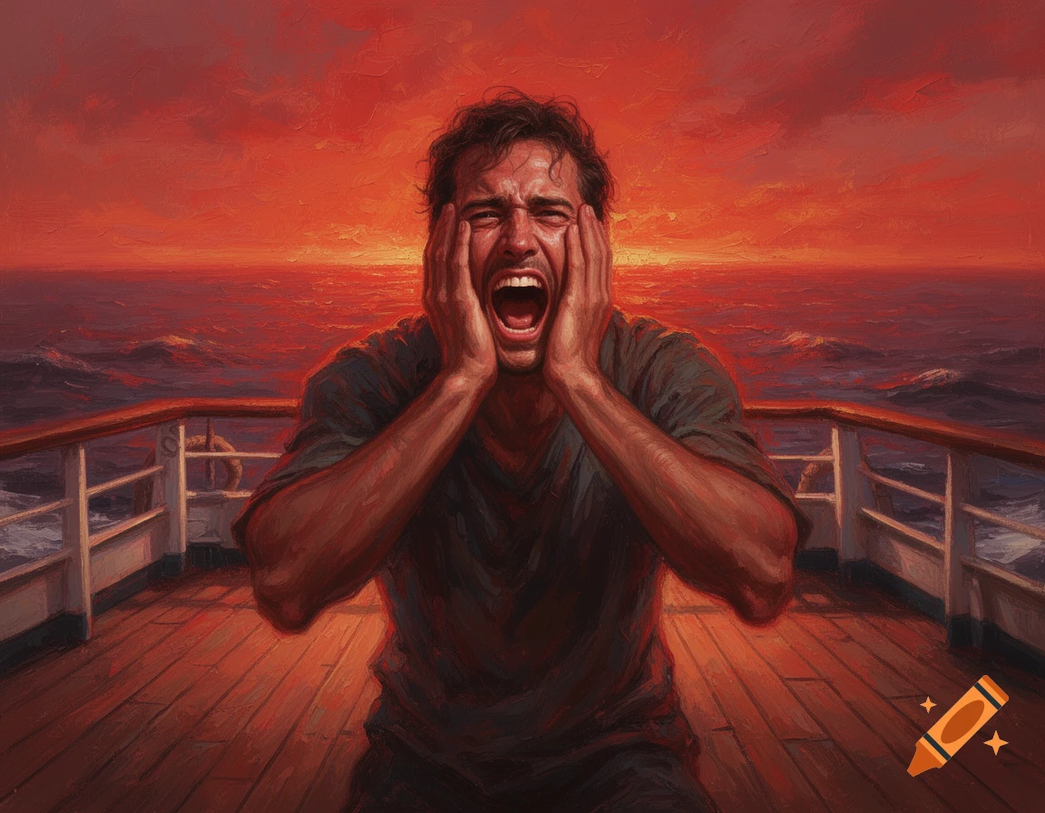 Painterly image of a man screaming, with hands on his face, on a boat deck against a fiery red ocean sunset.