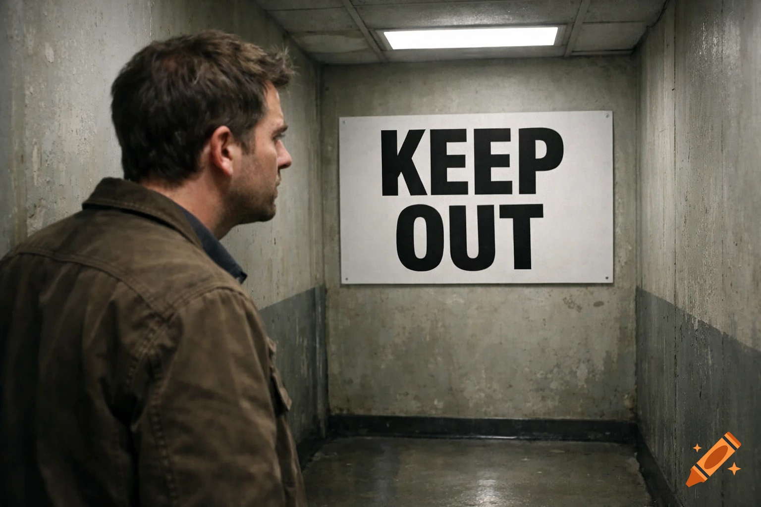 A man in a brown jacket stands in a dimly lit concrete hallway, looking at a white sign that reads 'KEEP OUT'.