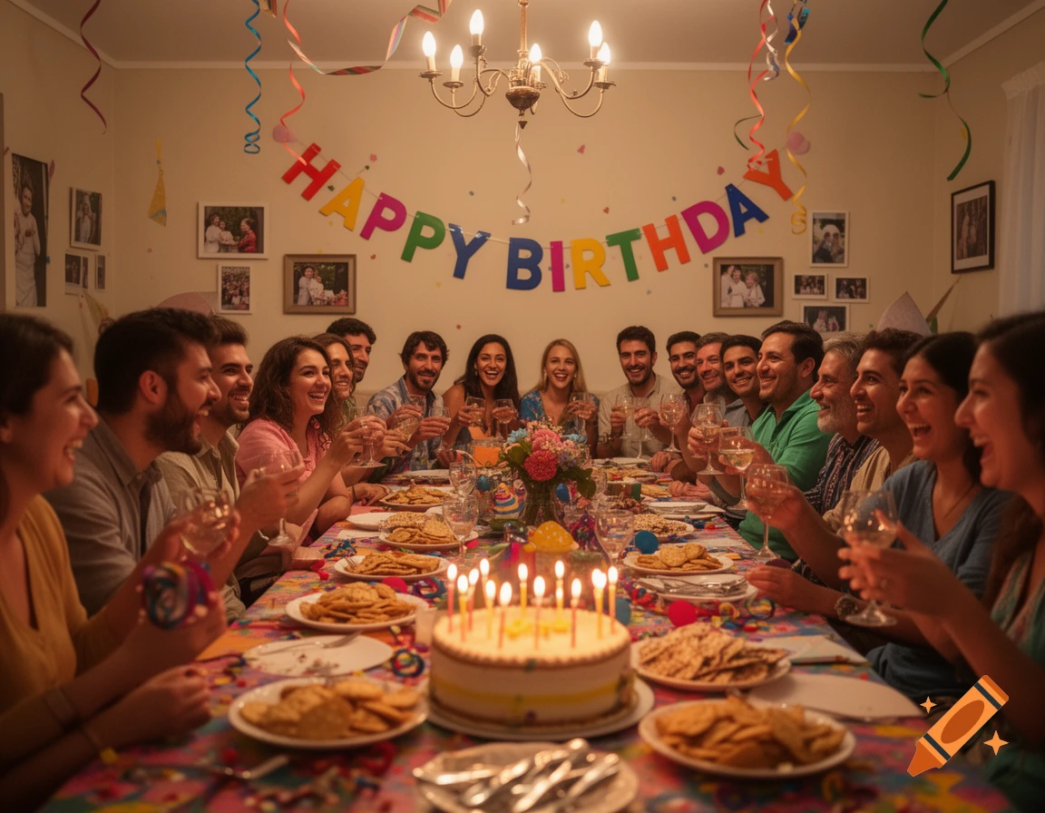 A large group of people laughing and toasting at a lively birthday dinner table with a cake and a "Happy Birthday" banner.