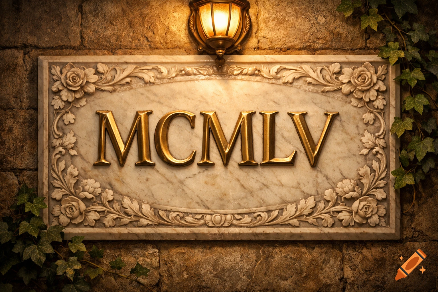A marble plaque displaying the Roman numerals MCMLV, framed by carved roses and ivy, illuminated by an antique lantern on a stone wall.