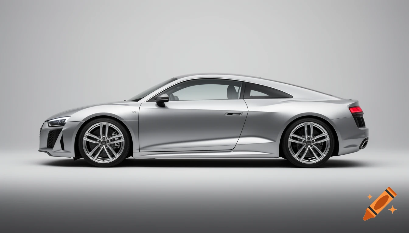 A sleek, silver Audi R8 sports car parked in a studio against a clean white background, viewed from the side.