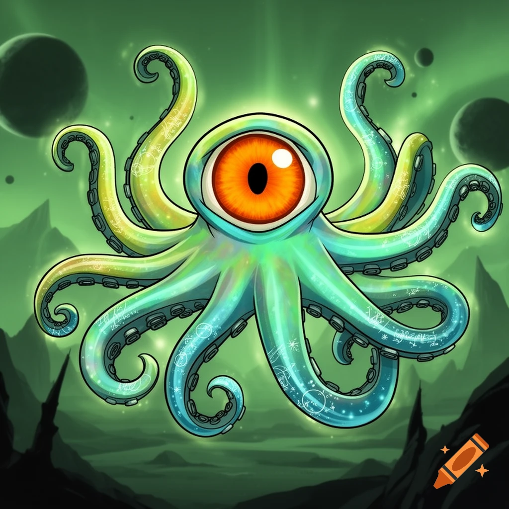 A cartoon octopus alien with one large orange eye, glowing in a green space environment with planets and rocky formations.