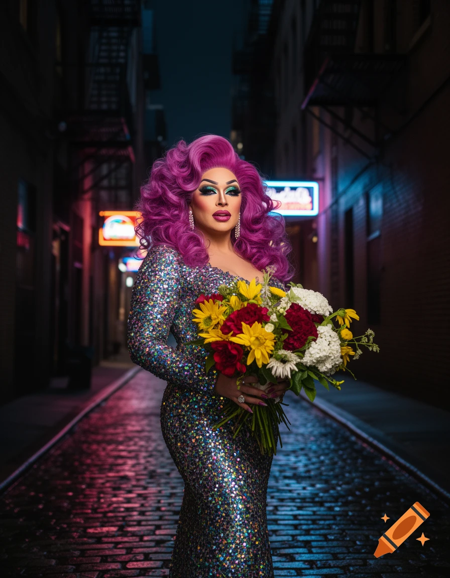 A drag queen with voluminous purple hair, vivid makeup, and a shimmering sequin gown stands in a neon-lit alley holding a bouquet of flowers.